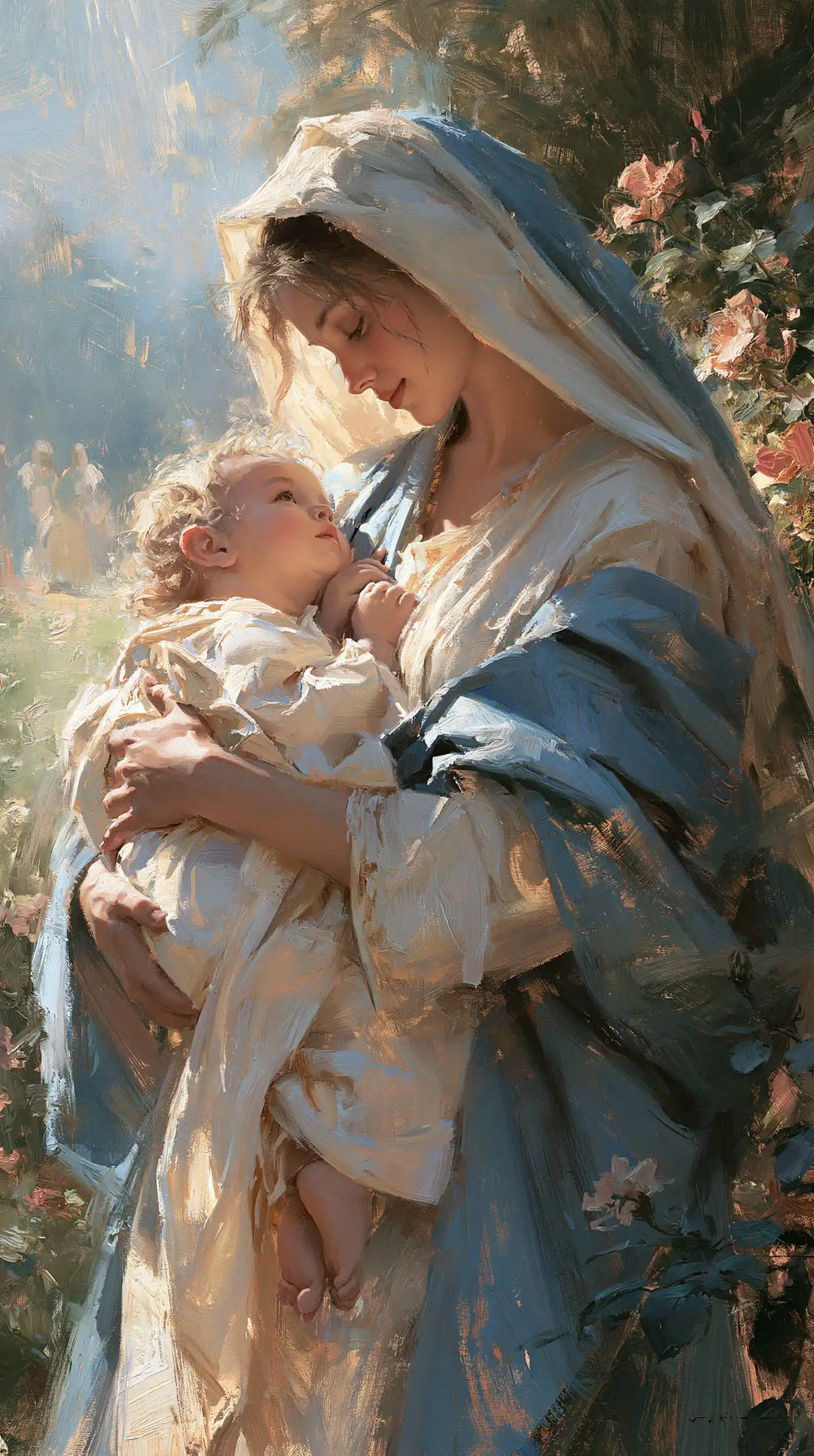 the Virgin Mary and the Child Jesus together in Impressionist style, portrait Christian artwork no. 25