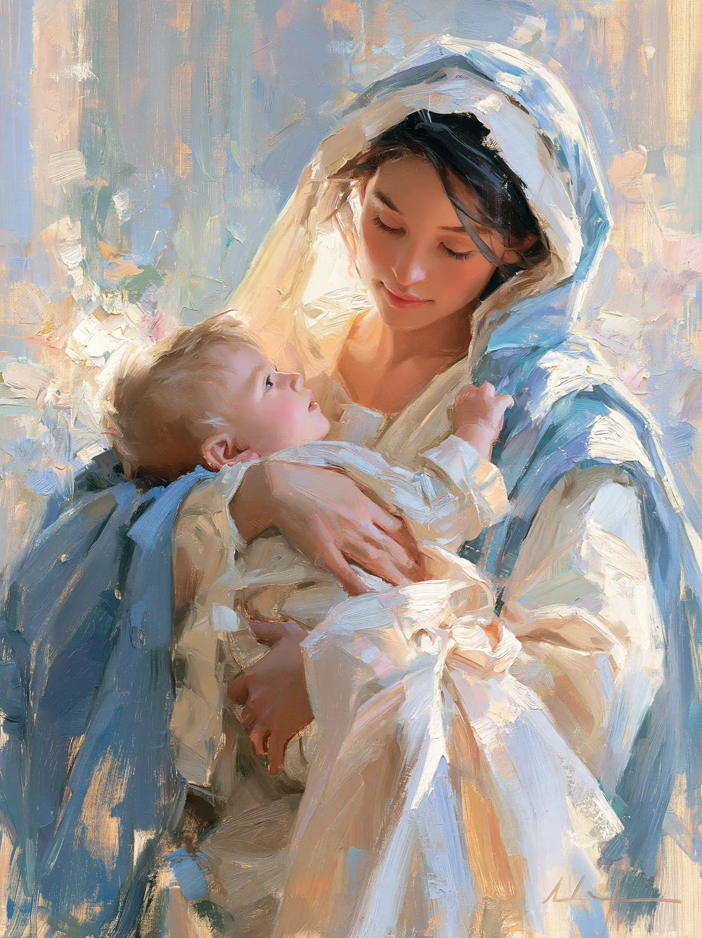 the Virgin Mary and the Child Jesus together in Impressionist style, portrait Christian artwork no. 33