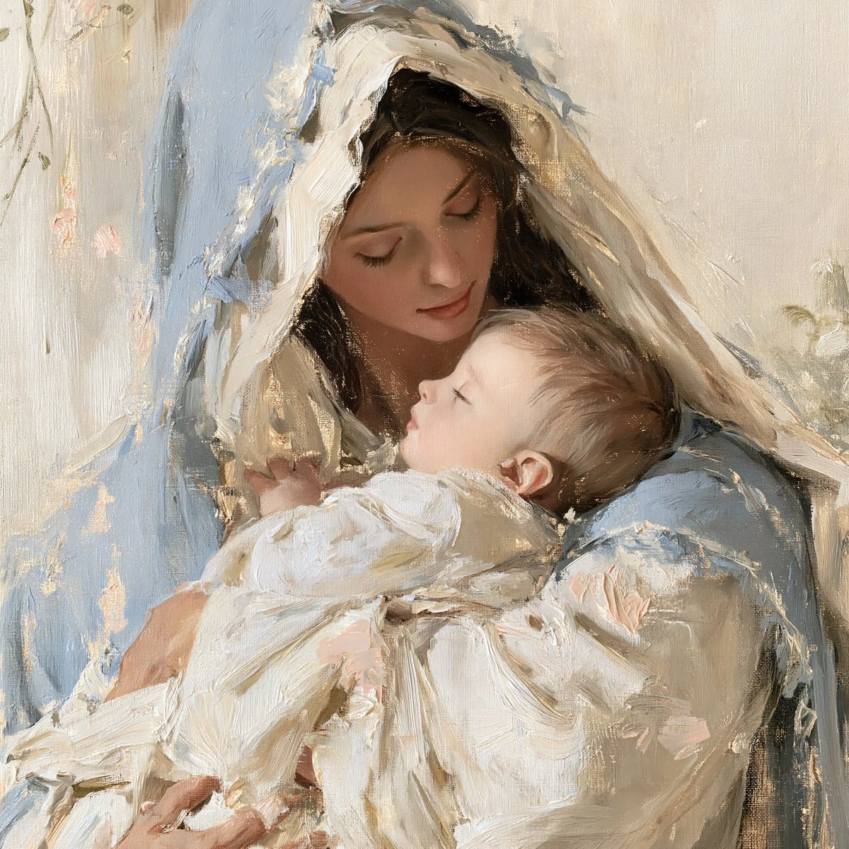 the Virgin Mary and the Child Jesus together in Impressionist style, square Christian artwork no. 11