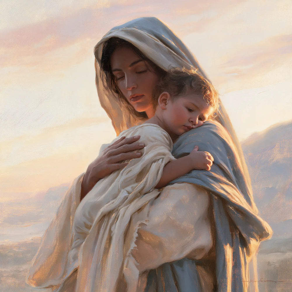 the Virgin Mary and the Child Jesus at dawn in Mary and Jesus at Dawn style, square Christian artwork no. 2