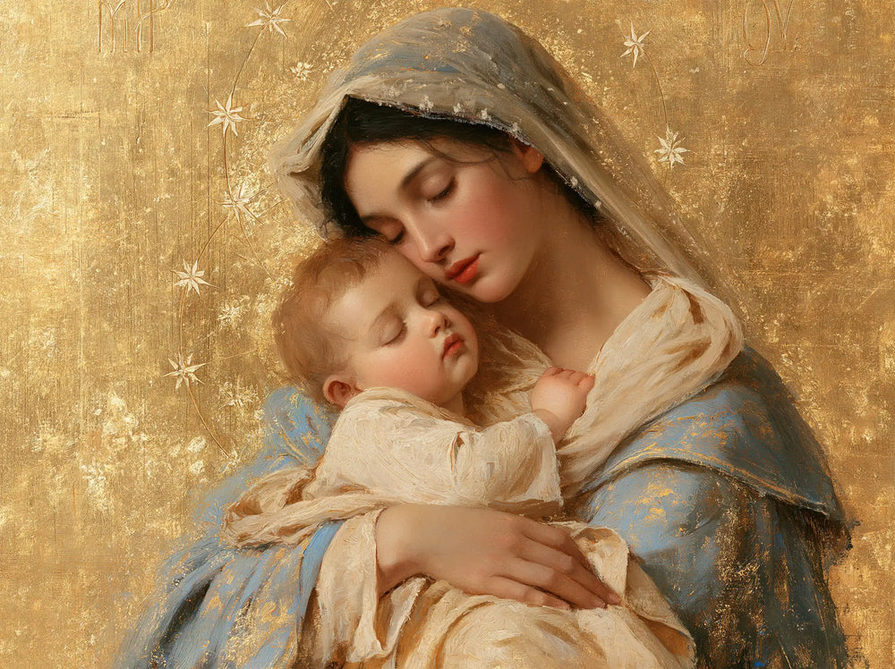 the Virgin Mary with the Child Jesus in Sacred Gold style, landscape Christian artwork no. 5