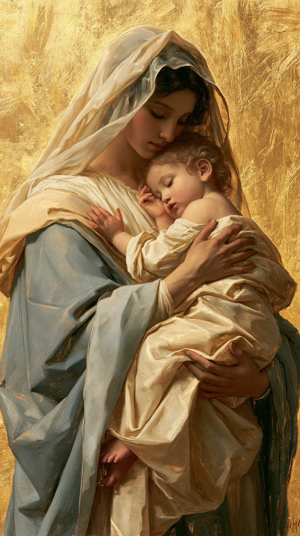 the Virgin Mary with the Child Jesus in Sacred Gold style, portrait Christian artwork no. 9