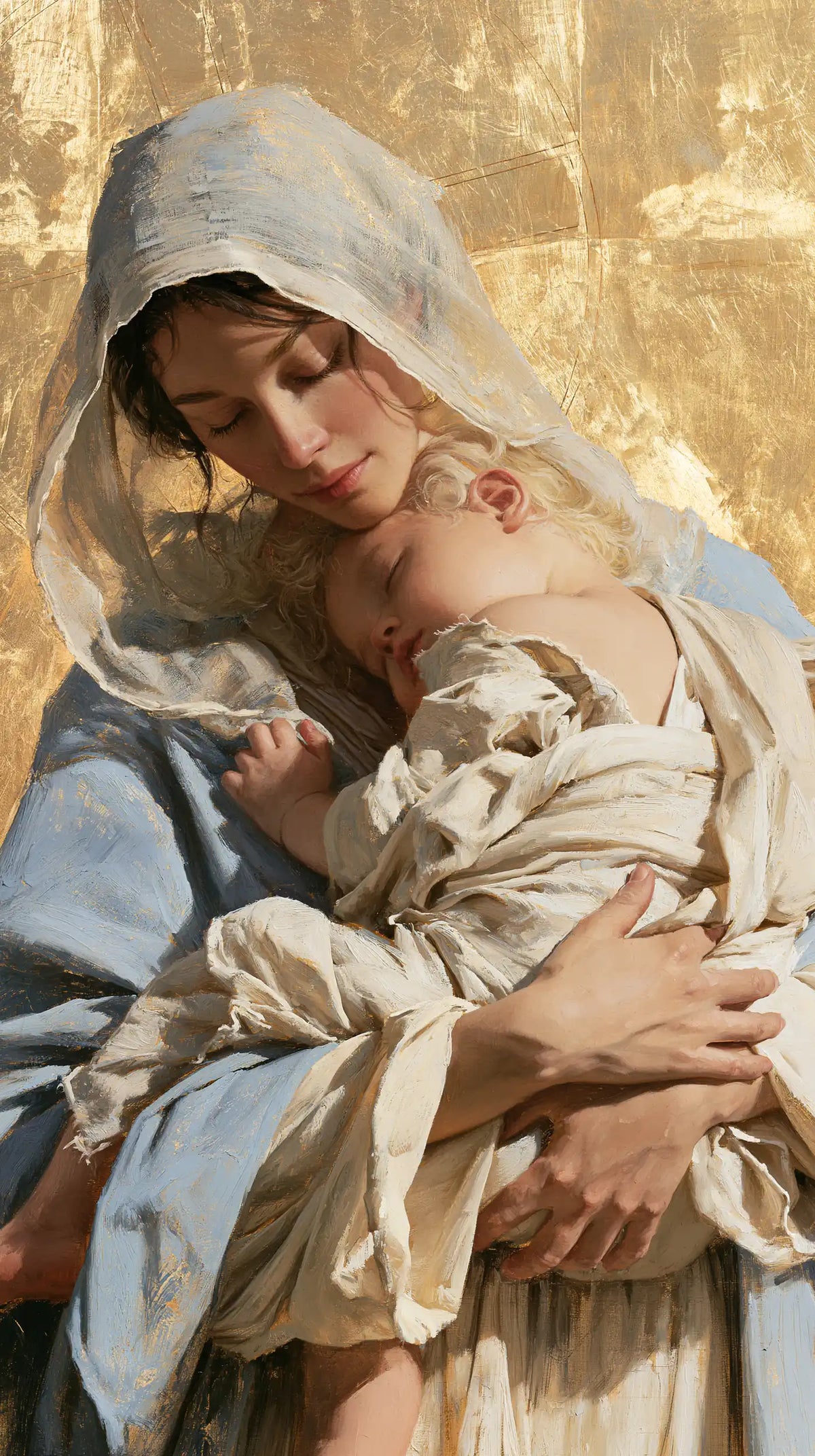 the Virgin Mary with the Child Jesus in Sacred Gold style, portrait Christian artwork no. 10