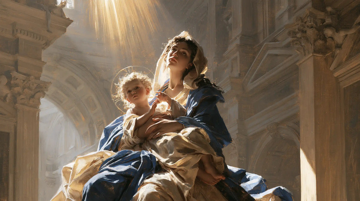 the Virgin Mary and the Child Jesus in a majestic composition in Sacred Monumental View style, landscape Christian artwork no. 19