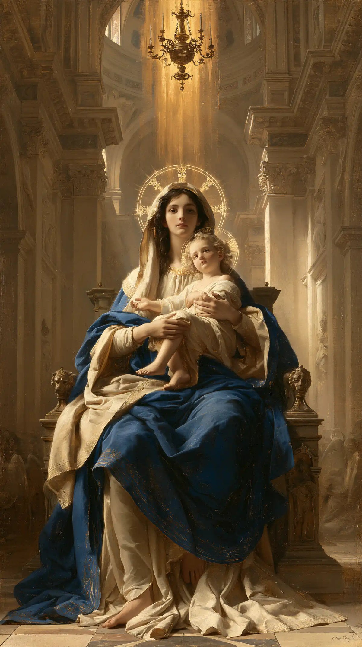 the Virgin Mary and the Child Jesus in a majestic composition in Sacred Monumental View style, portrait Christian artwork no. 22