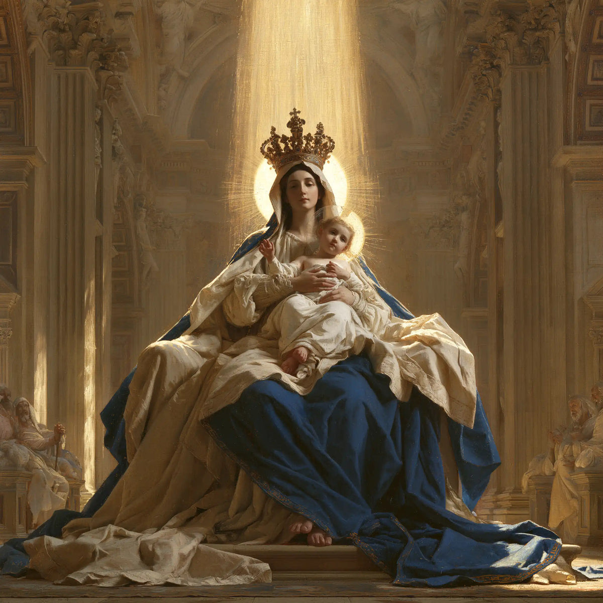 the Virgin Mary and the Child Jesus in a majestic composition in Sacred Monumental View style, square Christian artwork no. 1
