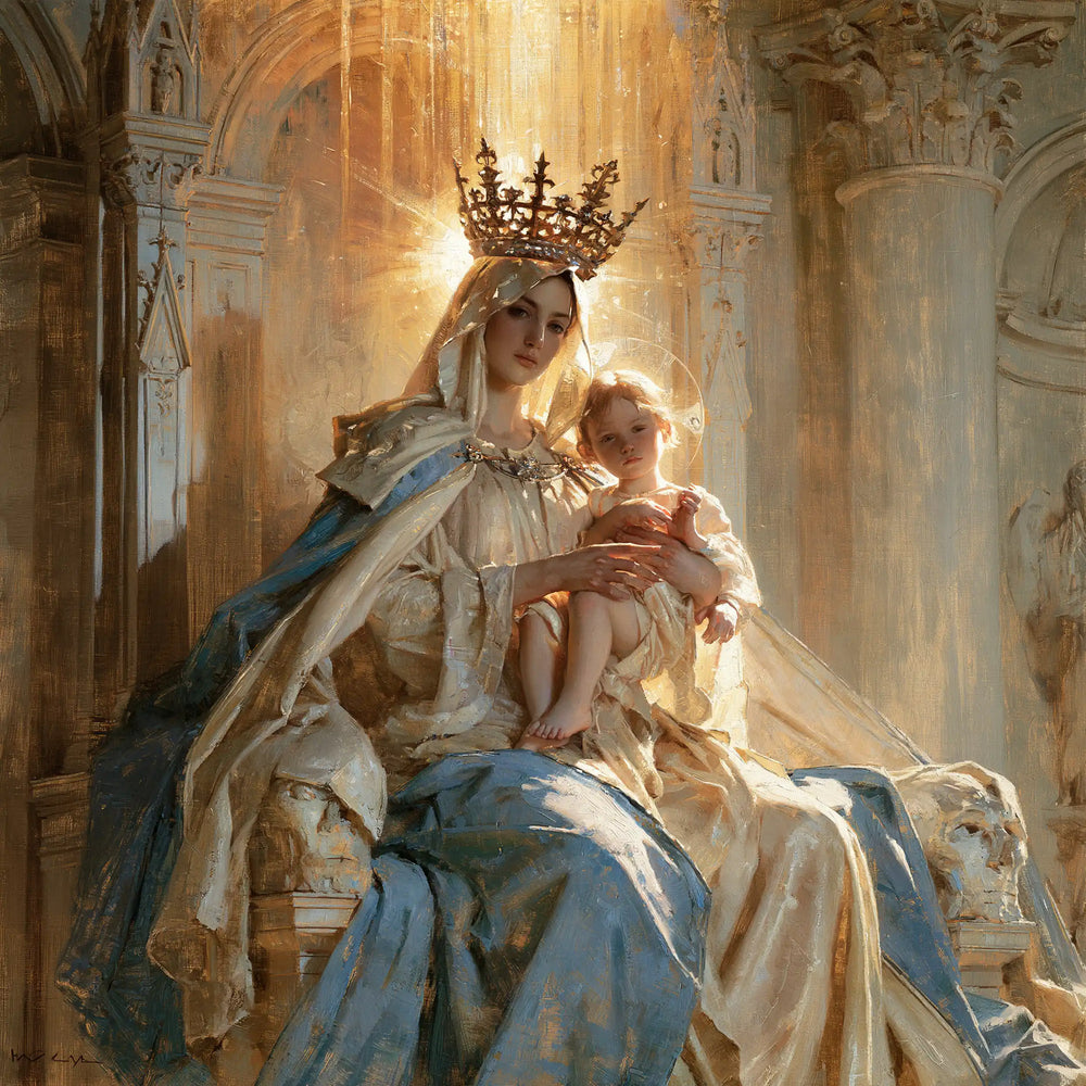 the Virgin Mary and the Child Jesus in a majestic composition in Sacred Monumental View style, square Christian artwork no. 8