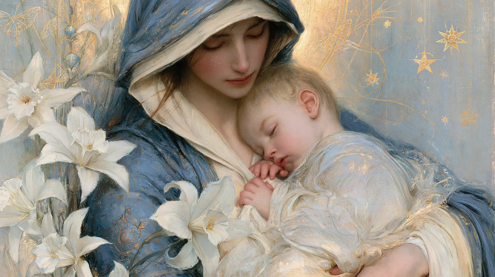 the Virgin Mary and the Child Jesus in Symbolist style, landscape Christian artwork no. 5