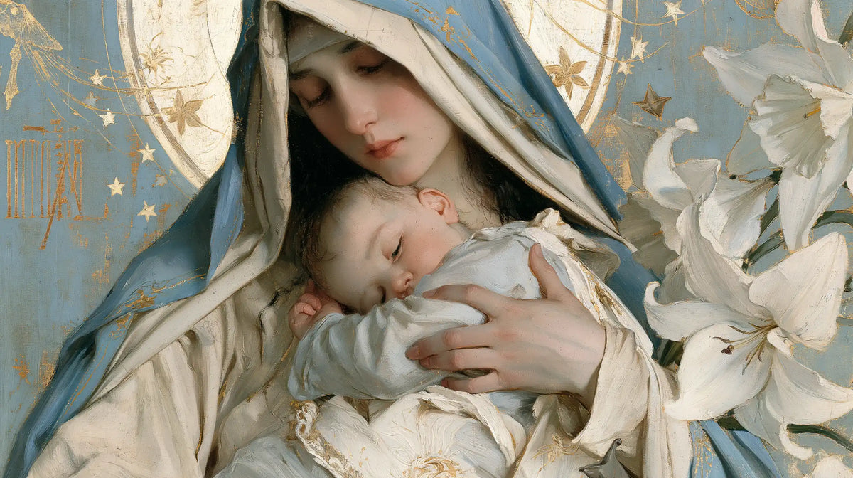 the Virgin Mary and the Child Jesus in Symbolist style, landscape Christian artwork no. 13
