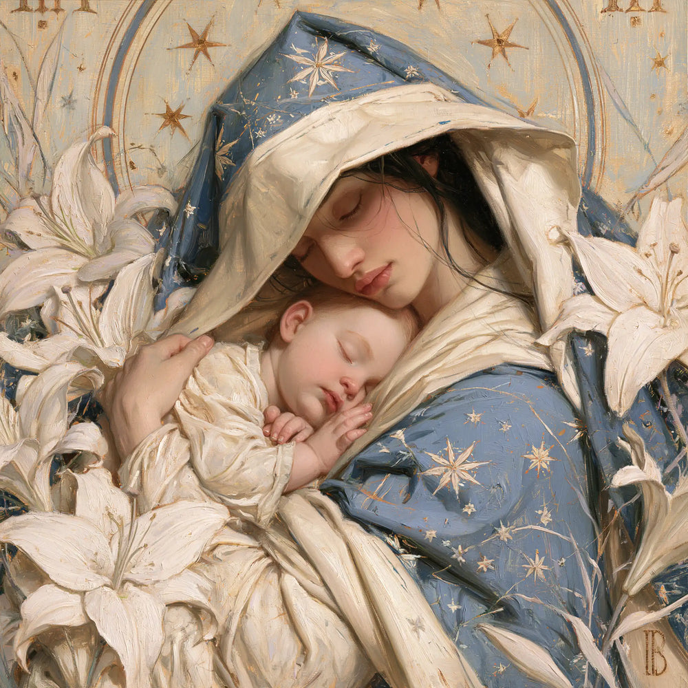 the Virgin Mary and the Child Jesus in Symbolist style, square Christian artwork no. 2