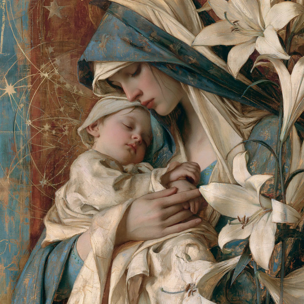 the Virgin Mary and the Child Jesus in Symbolist style, square Christian artwork no. 5
