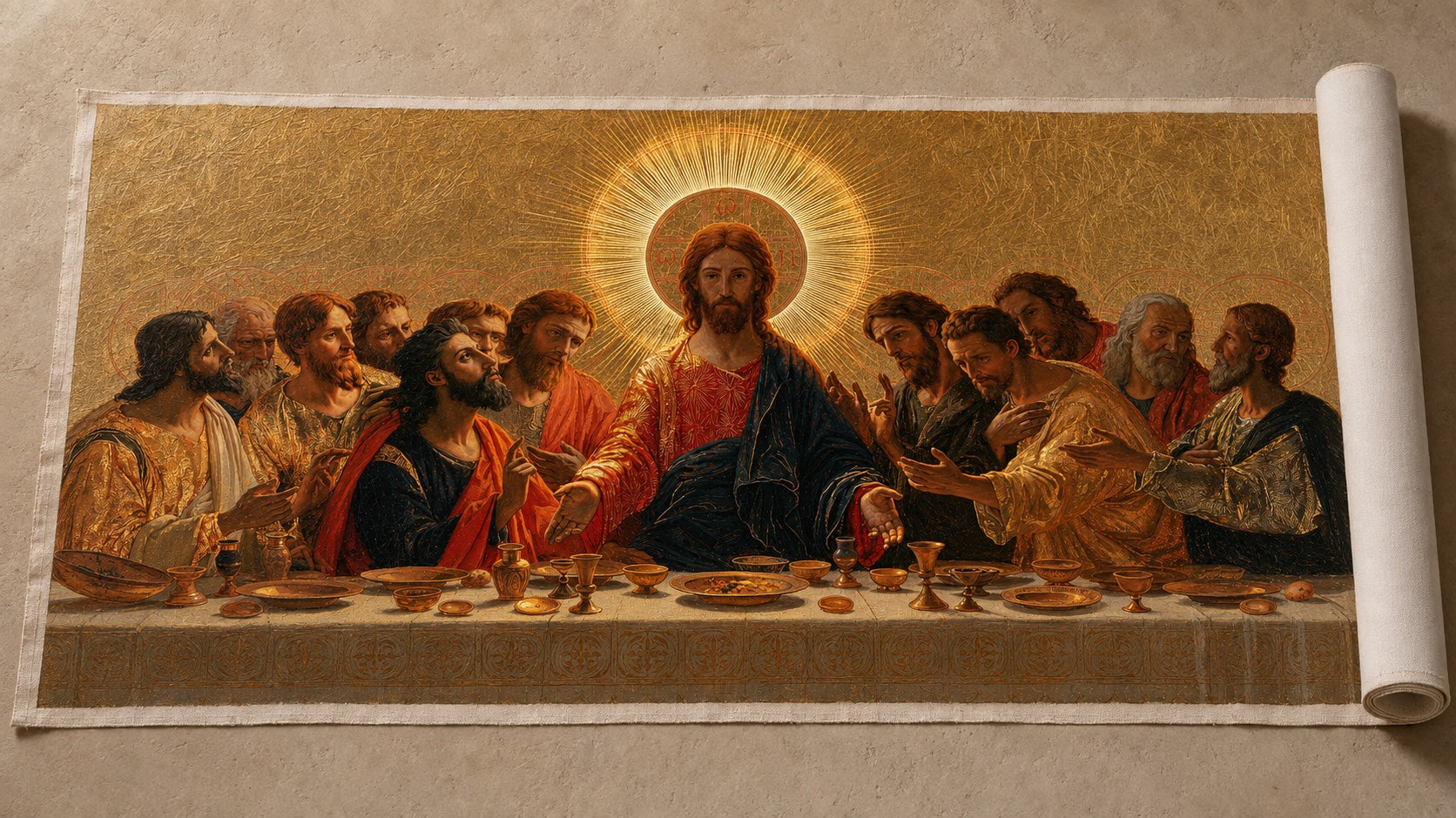 The same Last Supper hand-painted in oils on a loose rolled canvas