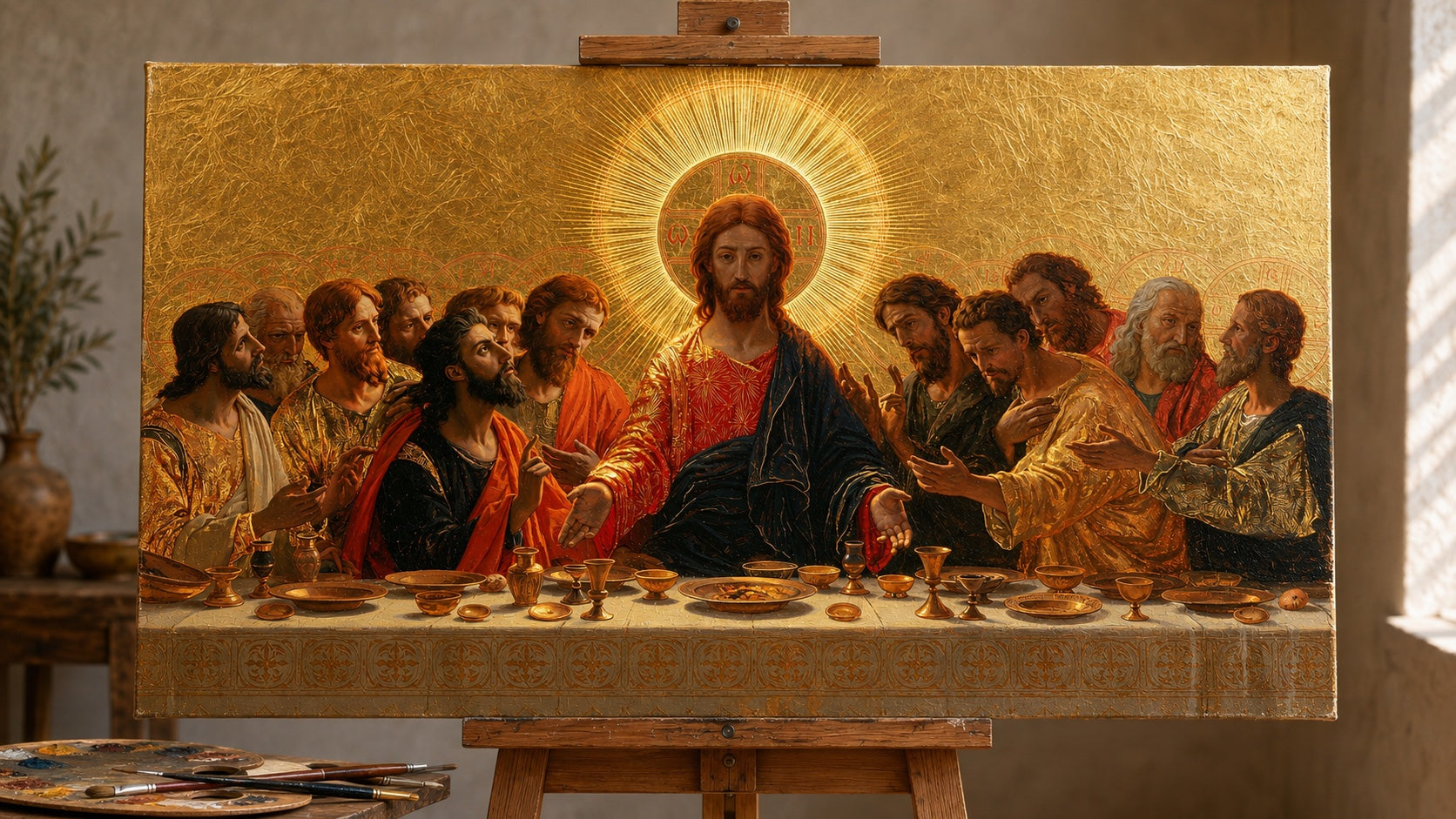 The same Last Supper artwork hand-painted in oils on an unframed canvas in the studio