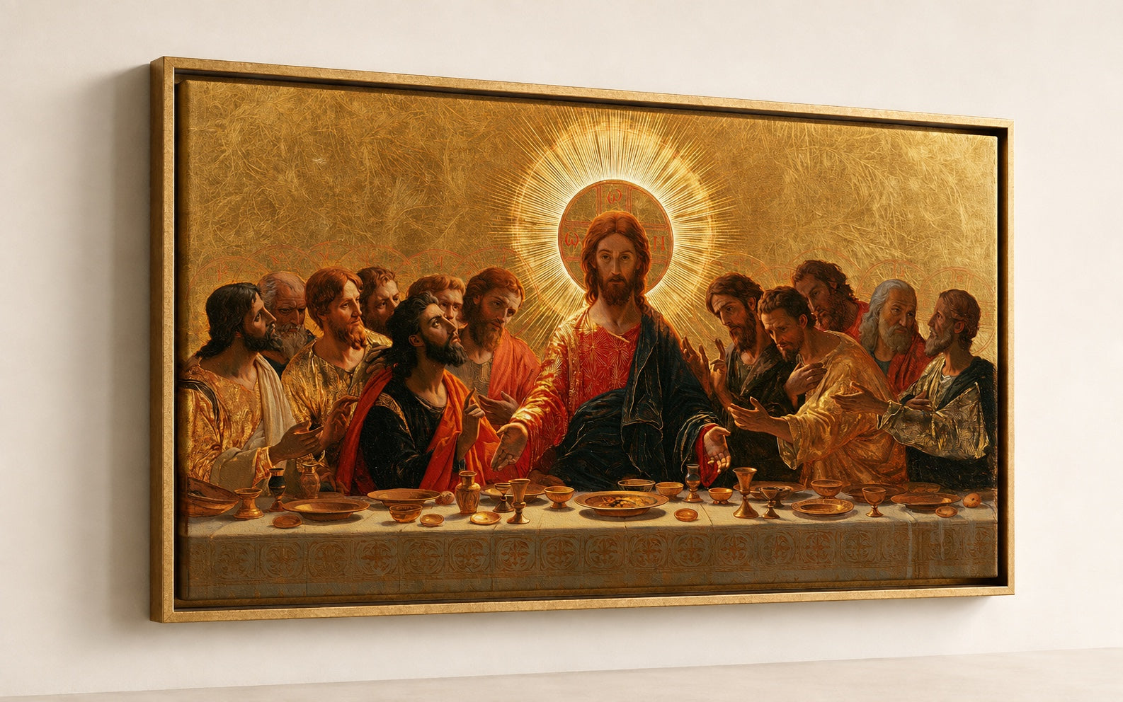 The same Last Supper artwork printed on canvas in an antique-gold floating frame