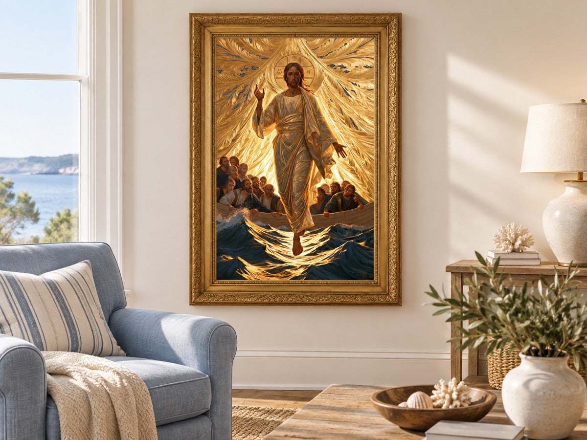 Jesus Walking on Water — gold framed interior mockup