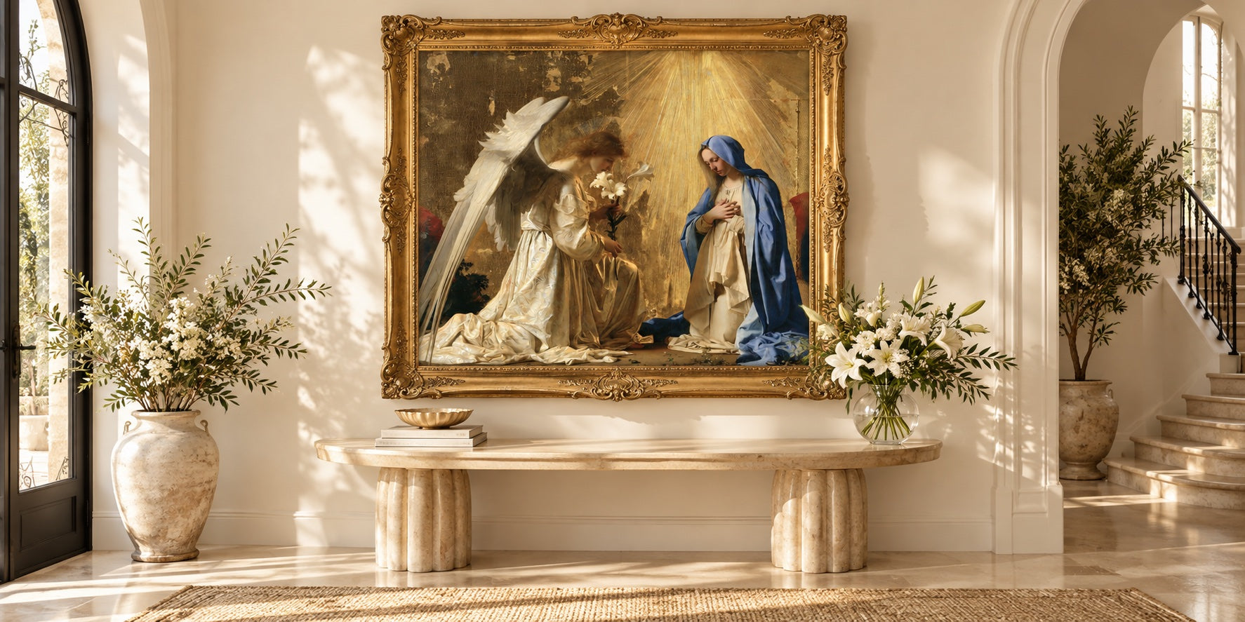 The Annunciation — Gold artwork styled in a gold frame