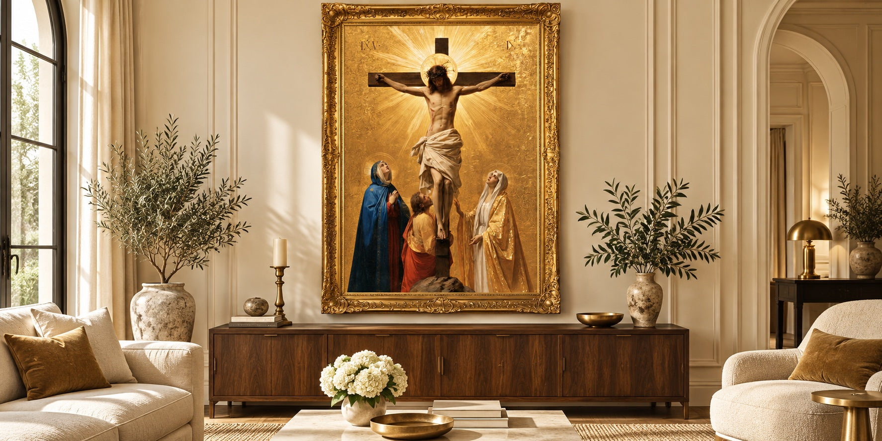 The Crucifixion — Gold artwork styled in a gold frame